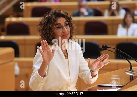 Madrid, 04/09/2024. Comparution de la première Vice-Présidente du Gouvernement et Ministre des Finances, María Jesús Montero Cuadrado, devant la session plénière du Sénat, pour faire rapport sur le sécessionnisme fiscal qu’elle a convenu avec ses partenaires bilatéralement et en dehors du système de financement des communautés autonomes du régime commun. Photo : Jaime García. ARCHDC. Crédit : album / Archivo ABC / Jaime García Banque D'Images