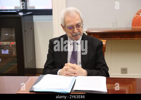 Madrid, 26/10/2023. Réunion ordinaire du conseil de la Cour des comptes présidée par Enriqueta Chicano. Dans l'image, les conseillers José Manuel Otero, Joan Mauri, Javier Morillas Ortiz, Luis Antonio de Padua Ortiz de Mendívil, Rebeca LaLiga, Dolores Genaro et Rosario García. Photo : Jaime García. ARCHDC. Crédit : album / Archivo ABC / Jaime García Banque D'Images