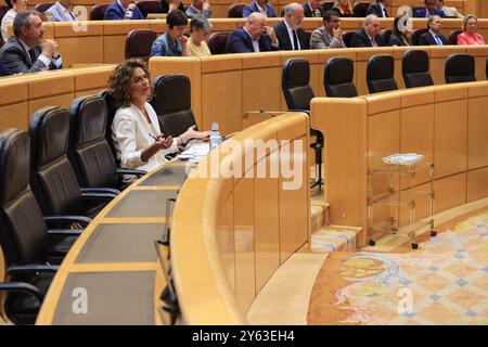 Madrid, 04/09/2024. Comparution de la première Vice-Présidente du Gouvernement et Ministre des Finances, María Jesús Montero Cuadrado, devant la session plénière du Sénat, pour faire rapport sur le sécessionnisme fiscal qu’elle a convenu avec ses partenaires bilatéralement et en dehors du système de financement des communautés autonomes du régime commun. Photo : Jaime García. ARCHDC. Crédit : album / Archivo ABC / Jaime García Banque D'Images