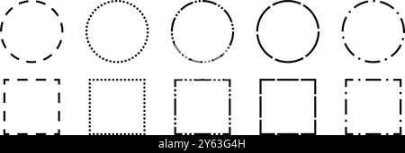 Collection de cadres en pointillés noirs. Cercles de contour en pointillés et bordures carrées définis. Ensemble de conception d'éléments découpés de contour pour affiche, bannière, flyer. Lot de formes rectangulaires et rondes à pointillés géométriques. Vecteur Illustration de Vecteur