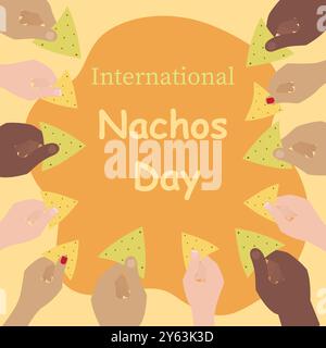 Les mains masculines et féminines de différentes nationalités détiennent des nachos. Idée de dépliant pour la Journée internationale des nachos. Cartes de thèmes d'illustration vectorielle, affiches, médias sociaux, promotions Web, bannière, imprimer des matériaux ou des étiquettes Illustration de Vecteur