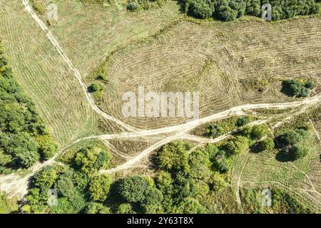 paysage de campagne d'automne avec des chemins de terre à travers une prairie entre les arbres verts et les buissons. vue aérienne. Banque D'Images