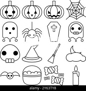 mignon 16 icônes d'halloween, contour noir Illustration de Vecteur