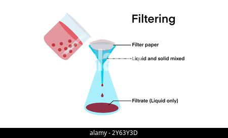 Filtration, expérience chimique, processus de séparation, processus de filtration, filtration simple, résidu solide, entonnoir en verre, papier filtre, filtrat Banque D'Images