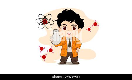 Homme scientifique soulevant la molécule d'atome, garçon dans l'ensemble de science ou scientifique homme dans la collection de personne minuscule de laboratoire, chimiste d'enfant dans les lunettes de laboratoire contemplat Banque D'Images