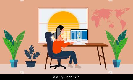 Femme d'affaires travaillant à domicile, femme entrepreneure indépendante, femme travail à domicile pendant le virus corona, animation d'une fille travaillant à domicile Banque D'Images