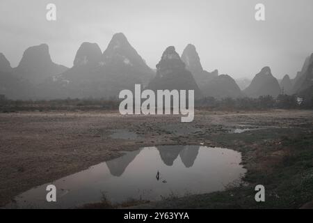 Vue sur la rivière Li (rivière Lijiang) avec de l'eau Azur parmi les montagnes karstiques pittoresques du comté de Yangshuo de Guilin, Chine. Collines vertes sur le ciel bleu backgr Banque D'Images