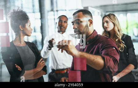 Notes adhésives, écriture et brainstorming de groupe, bureau et collaboration des employés pour le marché boursier. Discussion, trader et personnes avec des idées Banque D'Images