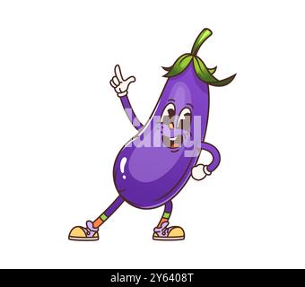 Personnage végétal d'aubergine groovy de dessin animé frappant une pose ludique, incarnant une ambiance amusante et animée des années 70 Personnage végétarien cru de ferme de vecteur joyeux avec un visage souriant, des gants blancs et des baskets Illustration de Vecteur