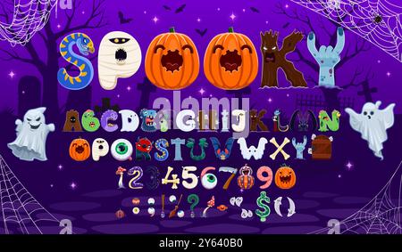 Police de dessin animé Halloween, police effrayante, type de vacances, typographie vectorielle effrayante de l'alphabet de conte de fées anglais. Halloween horreur monstres lettres et chiffres font des fantômes, citrouilles, zombies et vampires Illustration de Vecteur