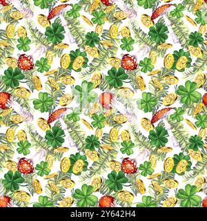 Modèle sans couture avec branches de sapin vert, feuilles de trèfle chanceux, pièces d'or, champignon agarique à pois rouges. Illustration aquarelle pour le nouvel an, Banque D'Images