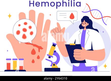 Illustration vectorielle d'hémophilie mettant en vedette un médecin examinant un genou blessé ou des troubles articulaires et sanguins dans un fond de dessin animé de style plat de soins de santé Illustration de Vecteur