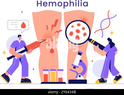 Illustration vectorielle d'hémophilie mettant en vedette un médecin examinant un genou blessé ou des troubles articulaires et sanguins dans un fond de dessin animé de style plat de soins de santé Illustration de Vecteur