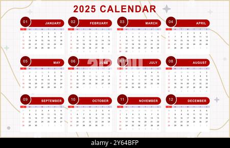 Modèle de calendrier mensuel de l'année 2025. Conception vectorielle Illustration de Vecteur