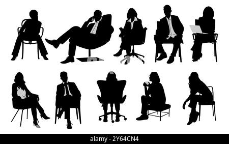 Silhouettes de gens d'affaires assis, hommes et femmes assis sur fauteuil, chaise de bureau avec ordinateur portable, tablette, vue frontale, latérale. Illustration vectorielle isoler Illustration de Vecteur