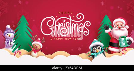 Conception de bannière vectorielle de joyeux noël salutations. Texte de voeux de Noël avec le père noël amical, bonhomme de neige, renne, personnages de pingouin en papier coupé Illustration de Vecteur