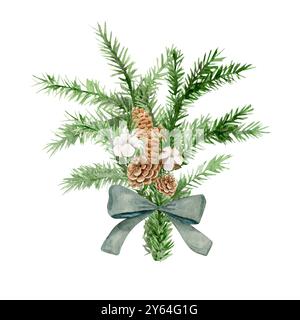 Illustration aquarelle d'un bouquet de Noël de branches de sapin, cônes, coton avec un noeud. Dessiner à la main Banque D'Images