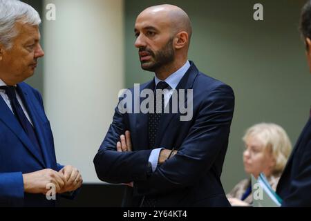 Bruxelles, Belgique. 24 septembre 2024. Benjamin HADDAD, ministre des Affaires européennes, arrive au Conseil des Affaires générales de l'UE à Bruxelles, Belgique, le 24 septembre 2024. Crédit : ALEXANDROS MICHAILIDIS/Alamy Live News Banque D'Images