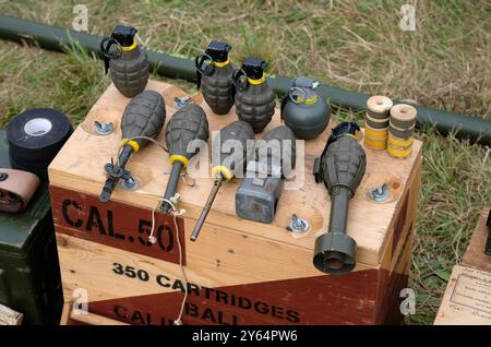 sélection de grenades à main sur le dessus de la boîte à munitions en bois Banque D'Images