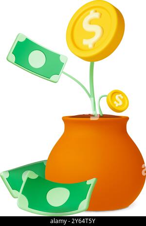 Plante d'argent dans l'élément 3d pot. Bénéfice d'investissement, croissance des salaires. Développement financier, bancaire. Pièces de monnaie et argent liquide, métaphore vectorielle de dividendes Illustration de Vecteur