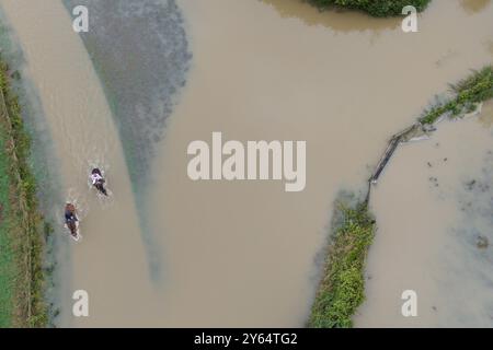 Les cavaliers font leur chemin à travers les eaux de crue à Walton dans le Warwickshire. 35 avertissements d'inondation sont en place dans toute l'Angleterre mardi matin. Certaines parties du Bedfordshire, de l'Oxfordshire, du Warwickshire et du Northamptonshire ont connu plus de 100 mm de pluie au cours des dernières 48 heures. Date de la photo : mardi 24 septembre 2024. Banque D'Images