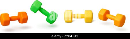 haltères 3d réalistes. Haltères vibrantes réalistes diverses rotations. Équipement d'athlétisme de gymnastique de fitness isolé, outil d'entraînement sportif, ensemble vectoriel pithy Illustration de Vecteur