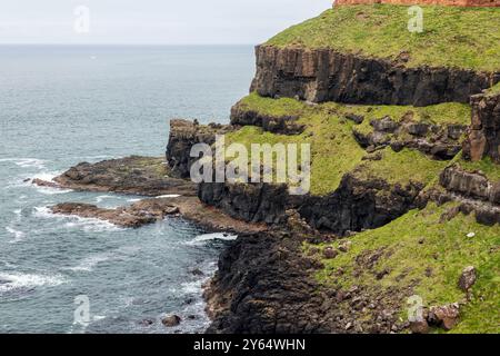 Vue détaillée des falaises de la chaussée des géants montrant des formations rocheuses de basalte noir recouvertes de parcelles d'herbe verte. Les vagues s'écrasent doucement contre Banque D'Images