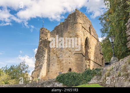 Un point de vue bas des ruines d'un château médiéval posé contre un ciel avec nuages. Un mur de pierre avec une lampe est au premier plan. Banque D'Images