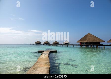 Une vue sereine sur les bungalows sur pilotis dans un lagon turquoise clair, avec un chemin de pierre menant à eux. Le ciel est bleu vif avec un f Banque D'Images