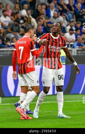 Milan, Italie. 22 septembre 2024. Alvaro Morata (7 ans) et Tammy Abraham (90 ans) de l'AC Milan vus lors du match de Serie A entre l'Inter et l'AC Milan à Giuseppe Meazza à Milan. Banque D'Images