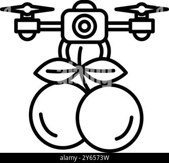 Dessin de dessin animé d'un drone avec un drone attaché à lui, et une tige verte feuillue. Le drone survole deux oranges, qui sont également représentées en t Illustration de Vecteur