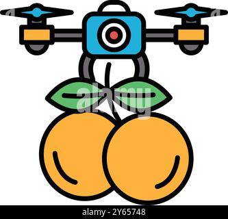 Dessin de dessin animé d'un drone avec un drone attaché à lui, et une tige verte feuillue. Le drone survole deux oranges, qui sont également représentées en t Illustration de Vecteur