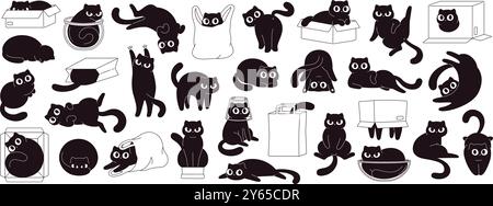 Les chats noirs jouent avec des boîtes en carton en plastique et des sacs à provisions. Chat se comporte mal et joue autour, Crazy drôle chatons moelleux clipart vecteur racé Illustration de Vecteur