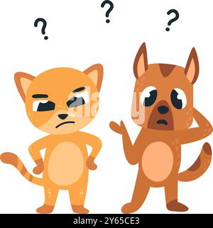 Les animaux résolvent des problèmes. Chat drôle et chien pensant ensemble, ont des questions. Personnage animal suspect et réfléchi, scène vectorielle chic Illustration de Vecteur