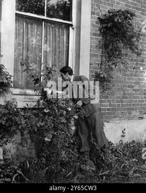 Le corps d'une veuve de 89 ans , Mme Minnie Freeman-Lee , a été retrouvé coincé dans un coffre lorsque la police a pénétré de force dans sa maison de 22 pièces Winford , Ray Park Avenue , Maidenhead , Berks . On pense que Mme Lee est morte le week-end dernier . La découverte whave a été collectée . La maison avait été saccagée et les agents du CID avaient recueilli les déclarations de plusieurs personnes pour établir si Mme Lee possédait ou non , comme on le lui disait , une grande quantité de bijoux . Photo montre : la veuve vivait dans la pièce derrière la fenêtre . 2 juin 1948 Banque D'Images