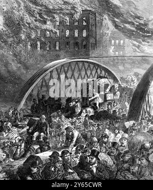 Le grand incendie de Chicago était une conflagration qui a brûlé du dimanche 8 octobre au mardi 10 octobre 1871, tuant des centaines de personnes et détruisant environ 3,3 milles carrés (9 km2) à Chicago, Illinois. Le Chicago Fire - le pont de Randolph Street dans Illustrated London News du 11 novembre 1871 Banque D'Images