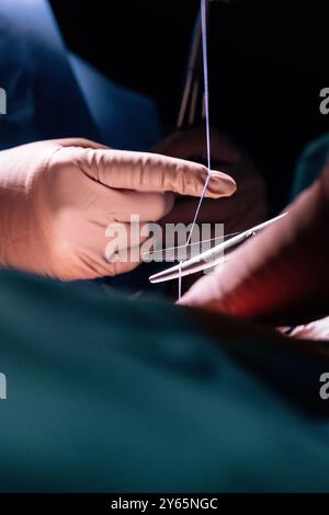 Cette image représente une vue rapprochée d'une intervention chirurgicale, montrant les mains d'un chirurgien dans des gants stériles qui gèrent habilement les instruments chirurgicaux du Banque D'Images