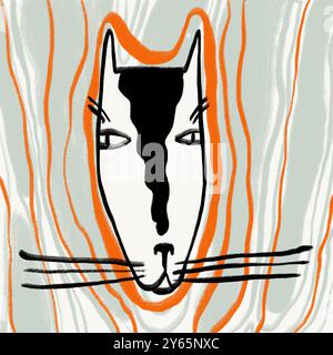 Une illustration vibrante et abstraite d'un chat, avec des traits audacieux et un jeu de couleurs orange et noir ludique. Banque D'Images