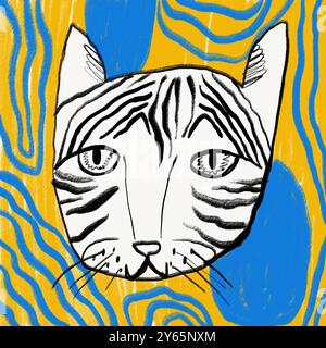 Une illustration numérique fantaisiste d'un chat esquissé avec des rayures proéminentes sur un fond abstrait et coloré. Banque D'Images