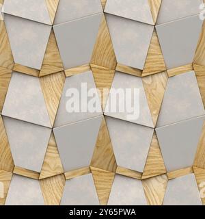 Cette illustration 3D de haute qualité présente un motif géométrique sans couture combinant des textures de bois et de pierre idéales pour les arrière-plans et le design créatif pr Banque D'Images