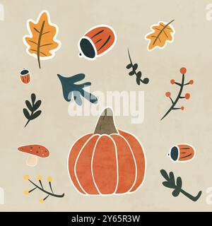 Une charmante illustration parfaite pour Thanksgiving, avec une citrouille orange vibrante entourée de feuilles d'automne élégantes, de glands et d'une bouillie fantaisiste Banque D'Images