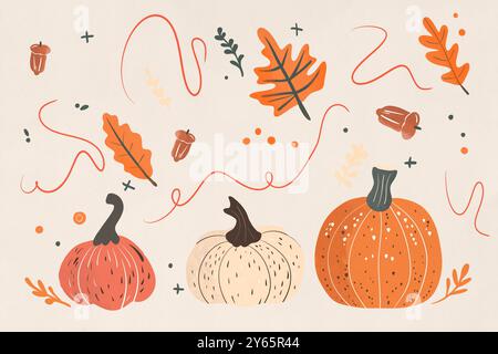 Une illustration vibrante mettant en vedette un thème de Thanksgiving mettant en vedette un éventail de citrouilles colorées, glands et feuilles d'automne sur un bac beige doux Banque D'Images