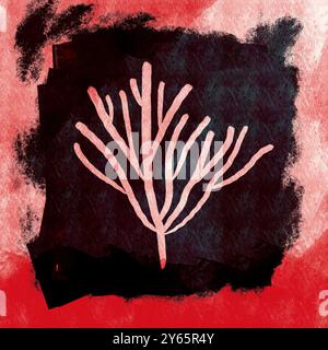Une œuvre d'art minimaliste créée numériquement avec une forme stylisée de corail blanc sur un fond rouge et noir texturé, évoquant la profondeur et la similitude Banque D'Images