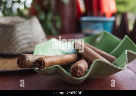 Une vue rapprochée de cigares cubains roulés à la main dans un support en céramique, mettant en valeur l'artisanat traditionnel du tabac à Vinales, Cuba Banque D'Images