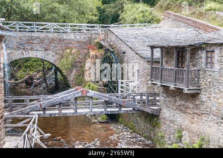 Ancien moulin à eau avec une grande roue à eau, des murs en pierre moussue et un environnement boisé L'image met en valeur l'architecture complexe du moulin et Banque D'Images