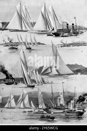 Le Glasgow Exhibition International Yacht courses sur la Clyde . 1901 1. La 'Sybarita', 'Shamrock I','Meteor' et 'Kariad' à partir de Rothesay Bay 2. Comment les yachts concurrents sont apparus quelques minutes après le départ , en direction de Largs . 3. 'Shamrock I' menant et montrant le chemin ; la chèvre est tombée , île d'Aran au loin . 4. La 'Sybarita' avec un jackyarder placé sur son mizzen . 5. Arrondir l'un des bateaux battant pavillon . Juin 1901 Banque D'Images