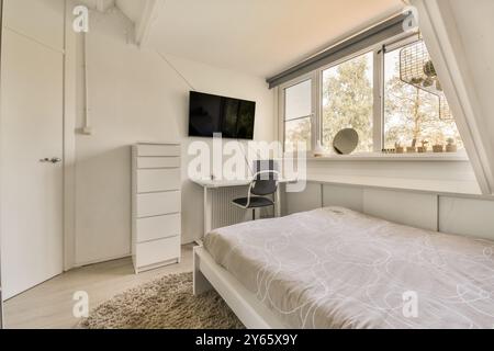 Cette chambre minimaliste bien éclairée dispose d''un lit simple, d''un tapis moelleux, d''un bureau élégant et d''une télévision à écran plat au mur. Banque D'Images