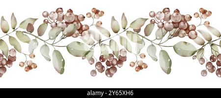 Bordure sans couture d'aquarelle d'automne avec Rowan et baie d'automne. Illustration d'herbier feuilles vertes et aubépine pour l'emballage du thé Banque D'Images