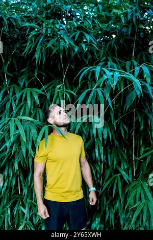 Un homme contemplatif dans un t-shirt jaune se tient entouré d'une dense bosquet de bambous vert foncé, son regard tourné vers le ciel, perdu dans la pensée au milieu du tra Banque D'Images
