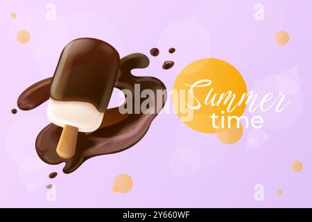 affiche 3d popsicle. Crème glacée réaliste sur la bannière d'annonce de bâton, promotion publicitaire de saveur de glace d'eskimo Icecream été lait congelé savoureux dessert nourriture, rendre l'illustration vectorielle exacte illustration originale Illustration de Vecteur